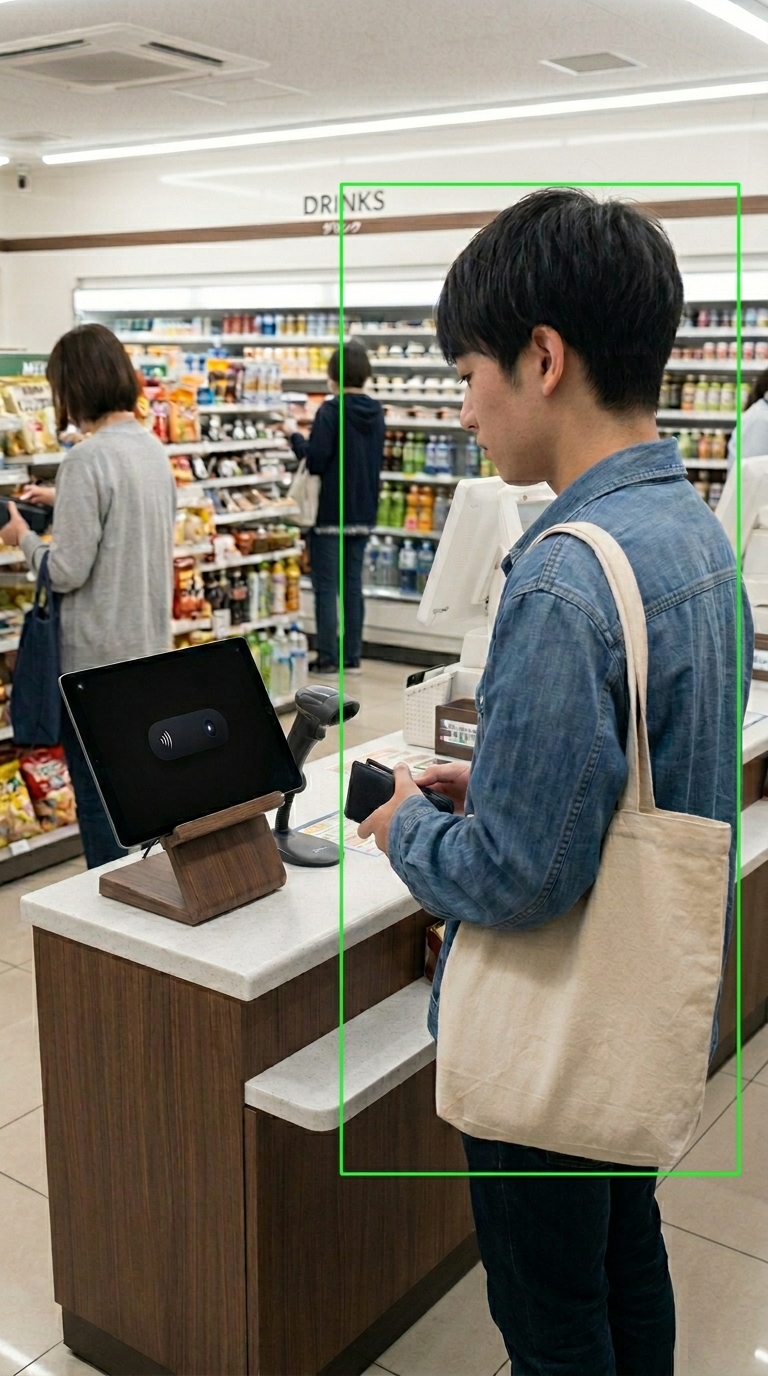 Clerkly AI automatically detecting a customer who approaches the counter in a convenience store, highlighted by a green box.