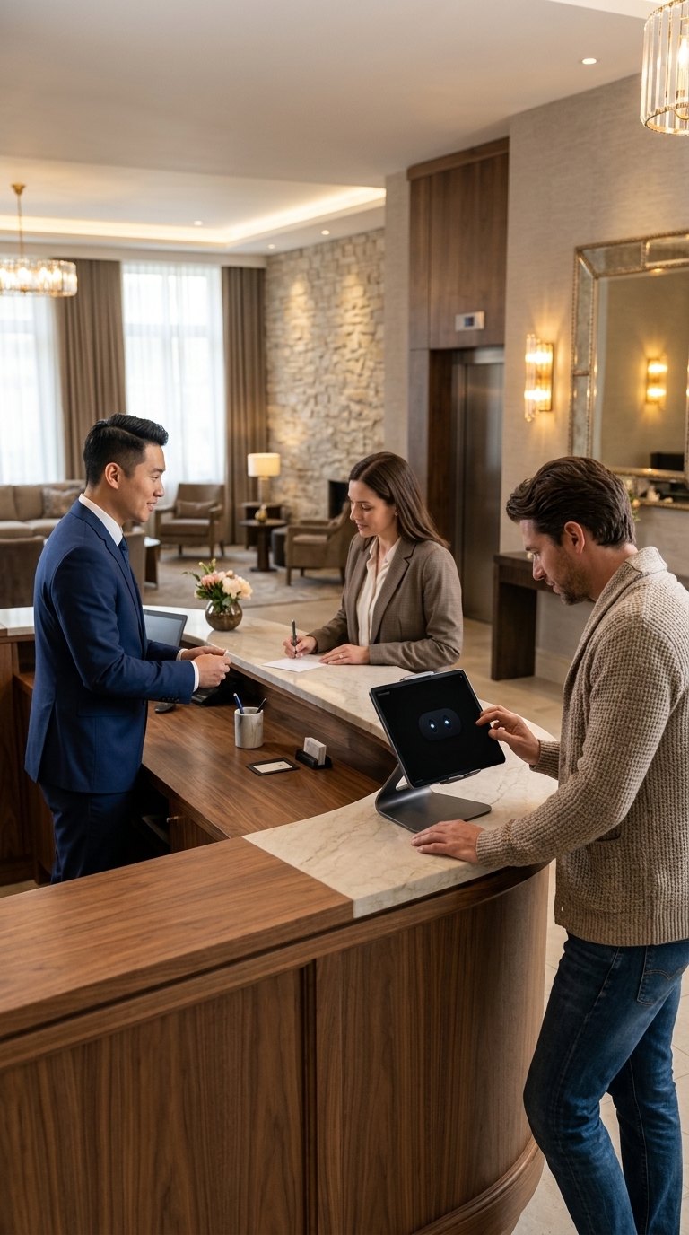 A hotel guest using the Clerkly AI voice assistant on a tablet at reception to ask common questions while staff check in another guest.